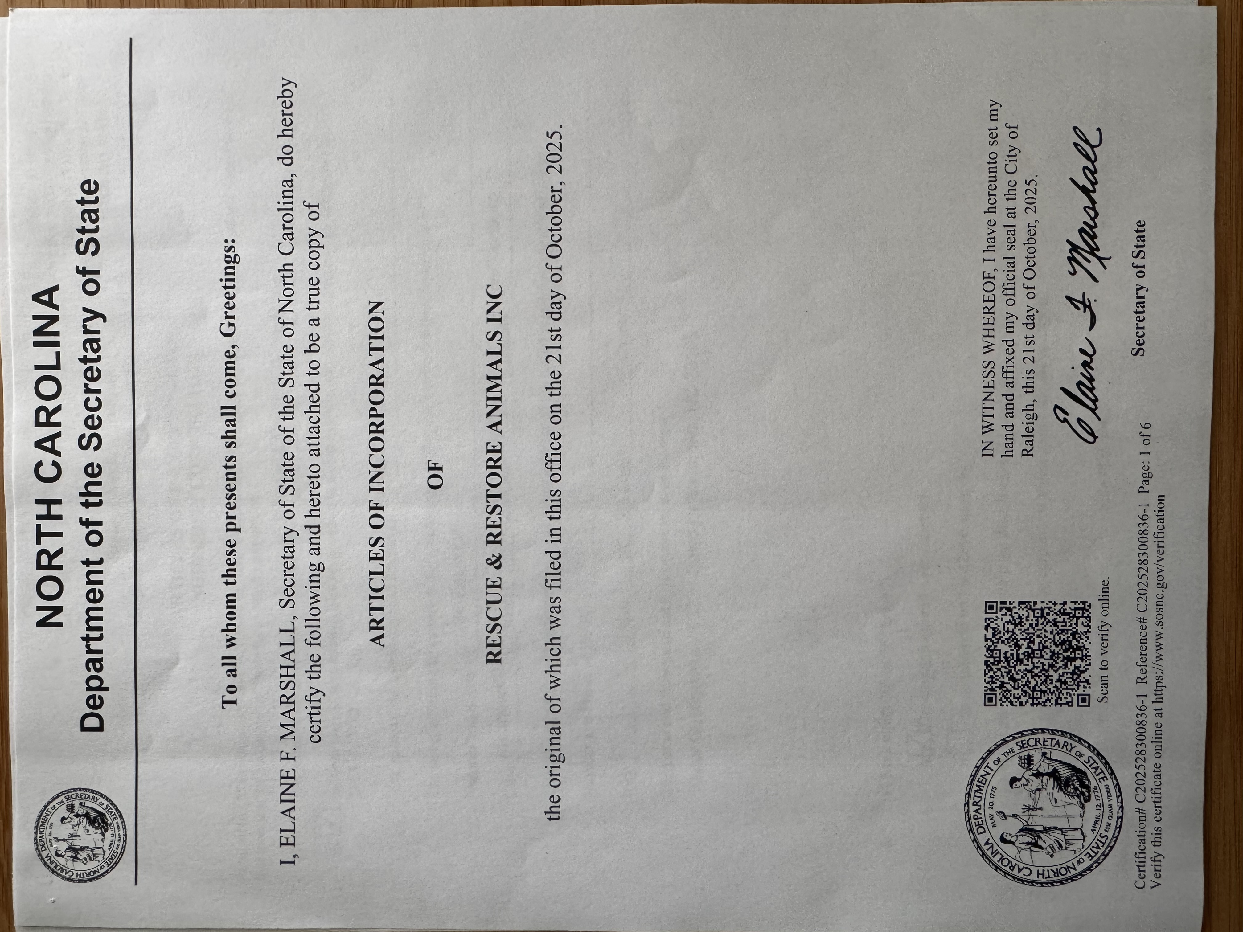 Articles of Incorporation - Rescue & Restore Animals Inc